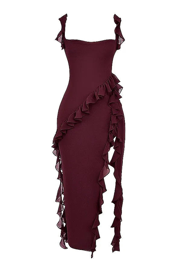 Ruffled elegance bodycon ruched maxi dress