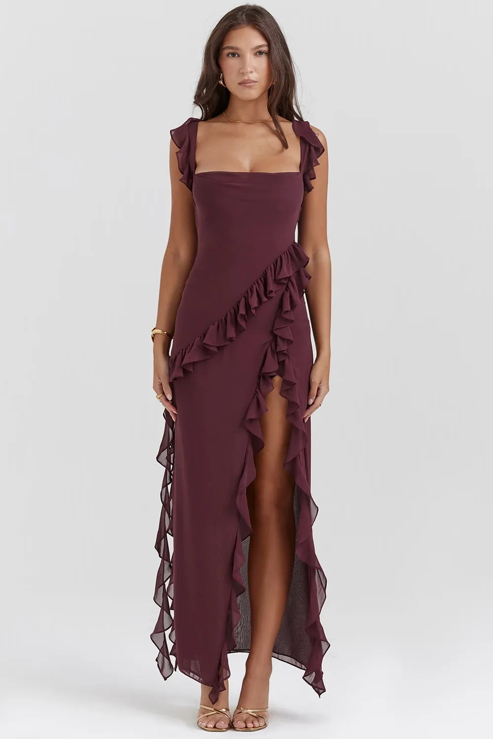 Ruffled elegance bodycon ruched maxi dress