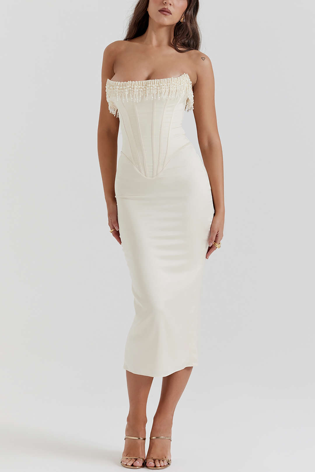 Pearl braided eyelet corset midi dress