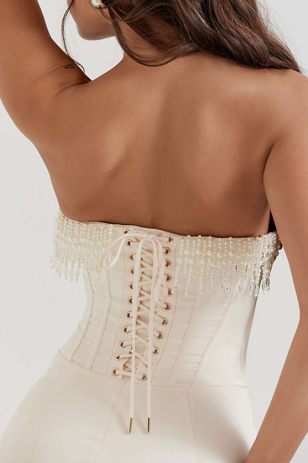 Pearl braided eyelet corset midi dress