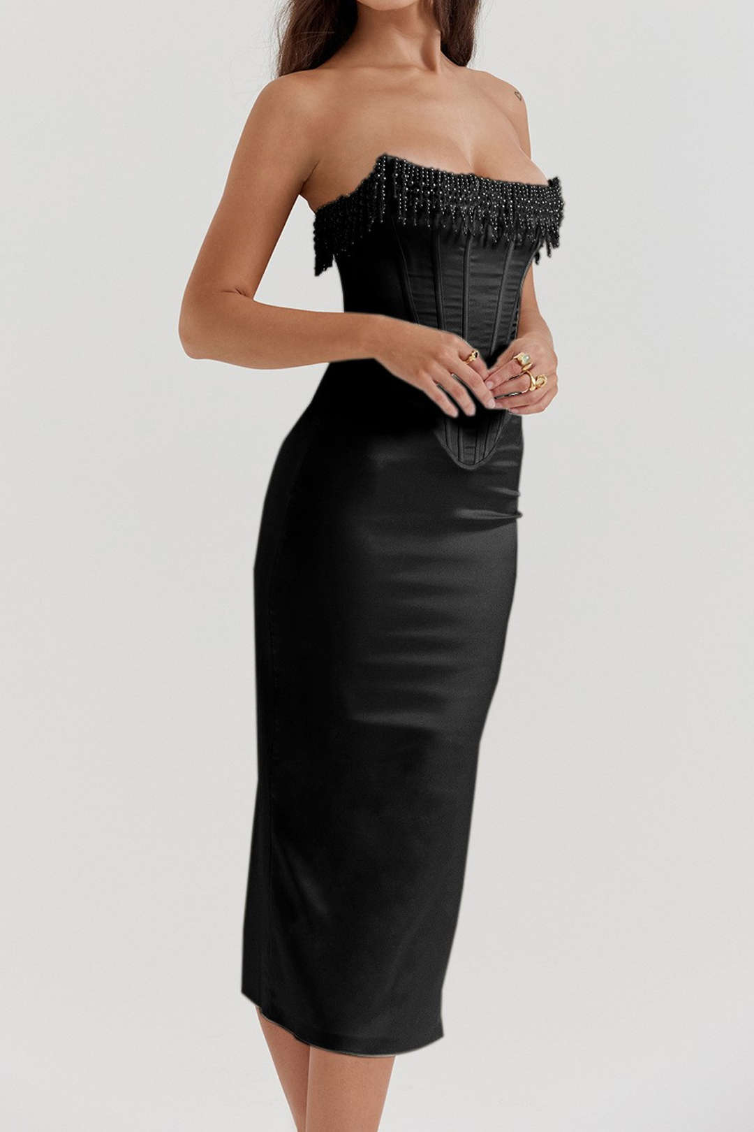 Pearl braided eyelet corset midi dress