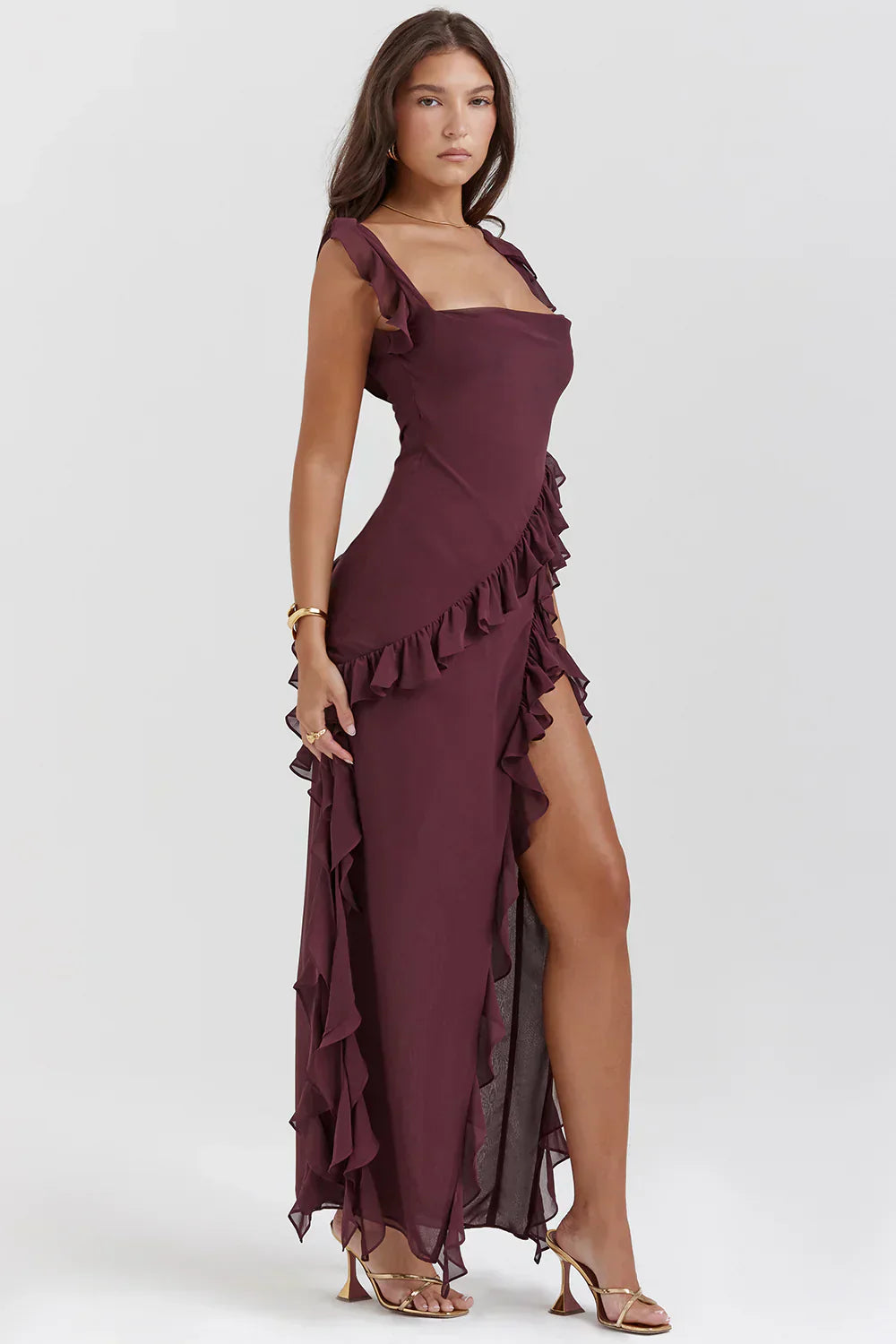 Ruffled elegance bodycon ruched maxi dress