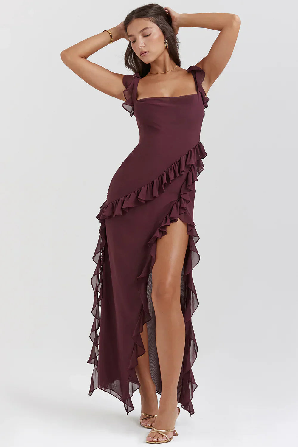 Ruffled elegance bodycon ruched maxi dress