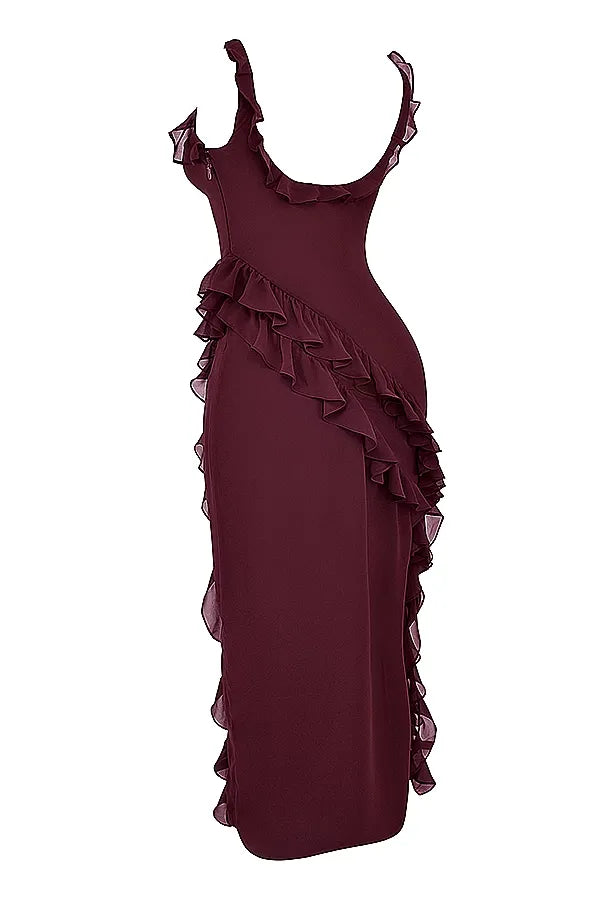 Ruffled elegance bodycon ruched maxi dress