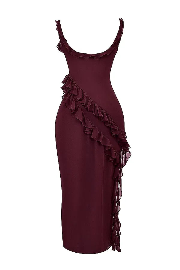 Ruffled elegance bodycon ruched maxi dress